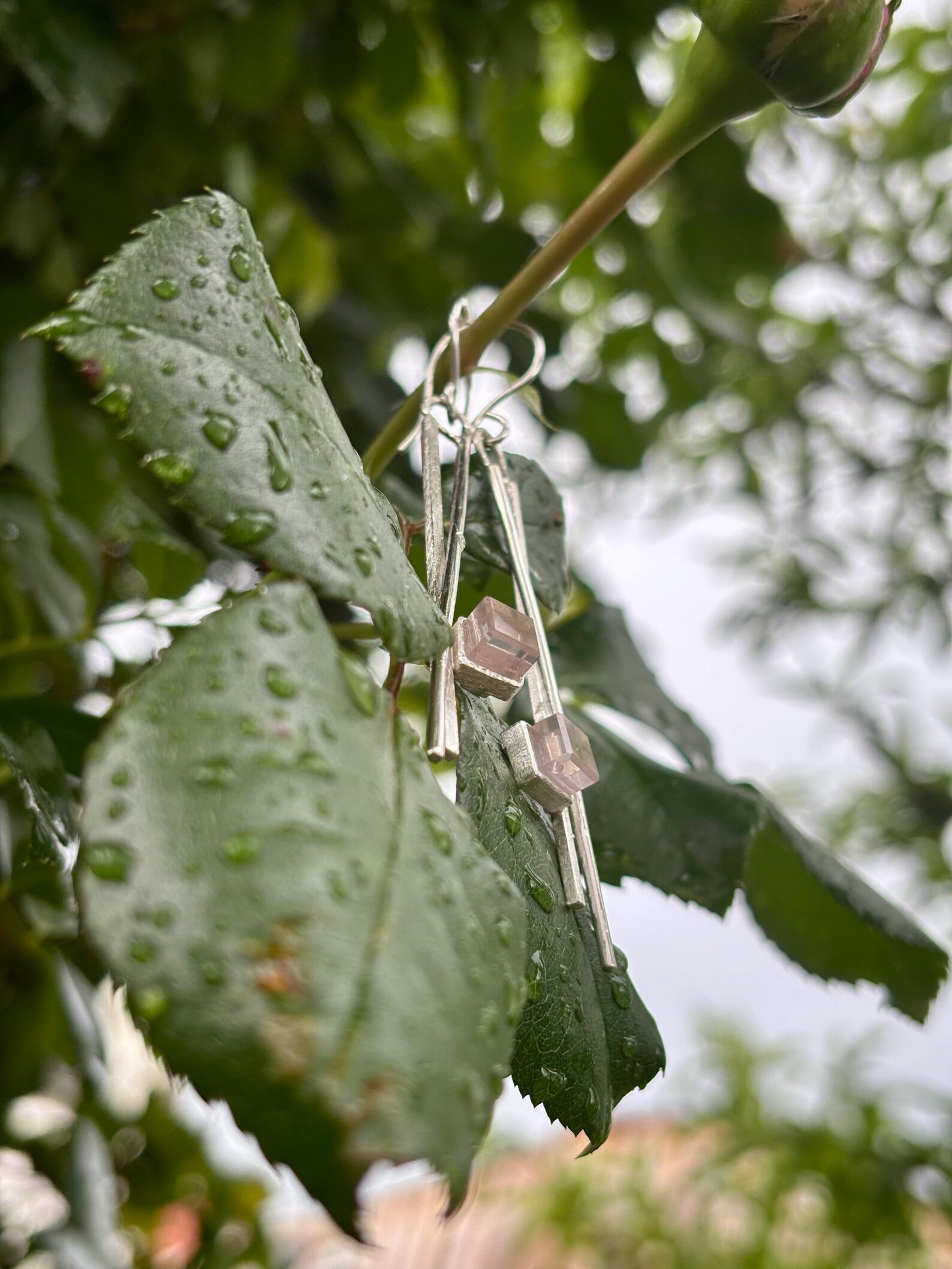 Ohrhaken silber - Rosenquarz lang